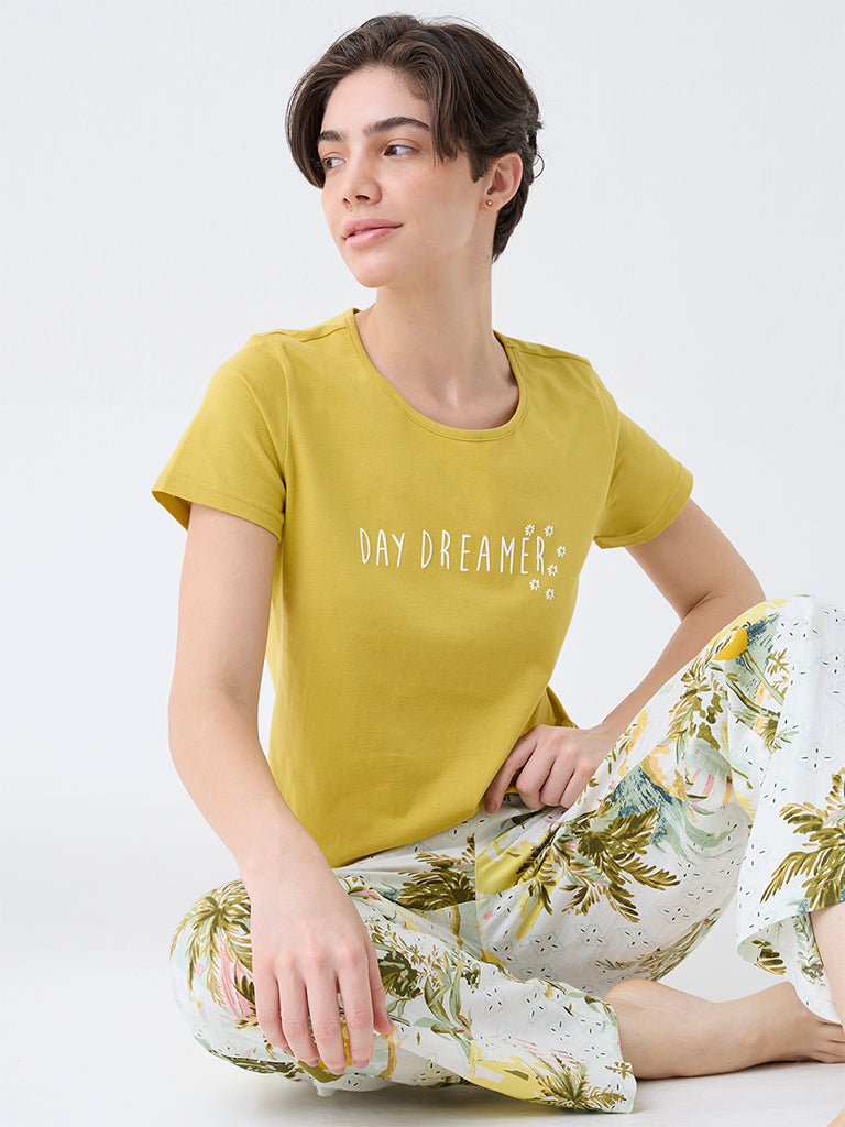 Wunderlove Mustard Text Design Cotton T-Shirt