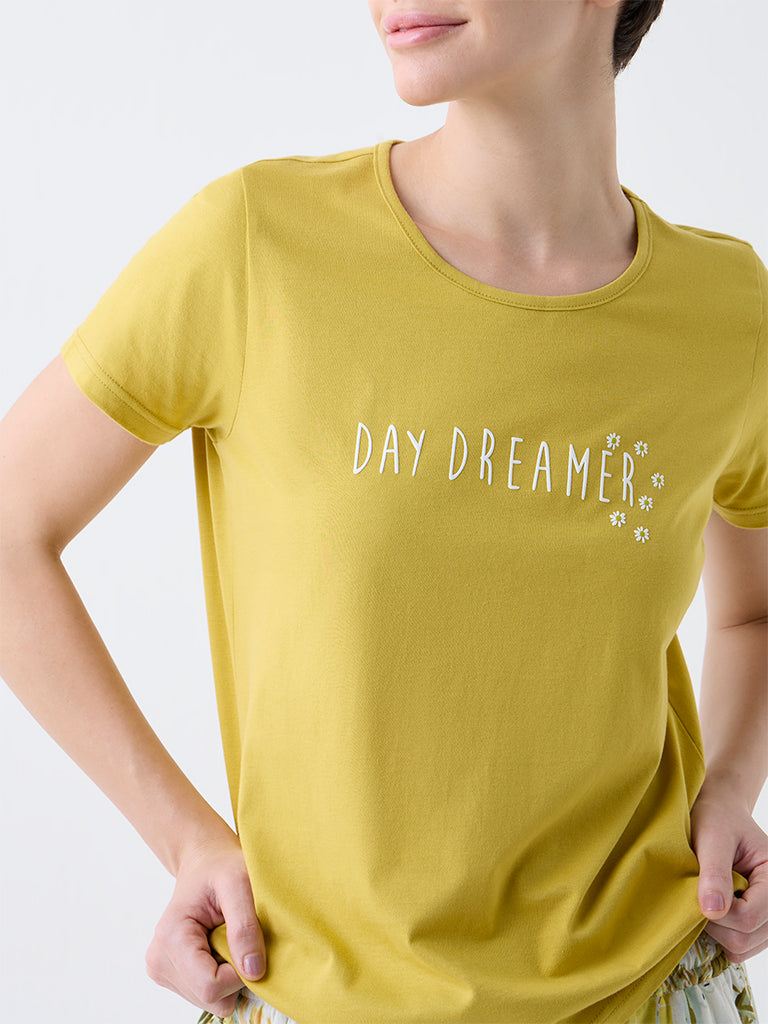 Wunderlove Mustard Text Design Cotton T-Shirt