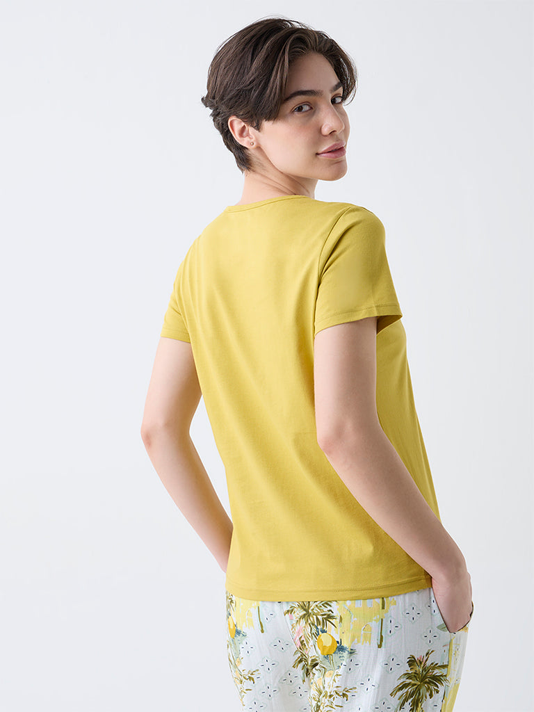 Wunderlove Mustard Text Design Cotton T-Shirt