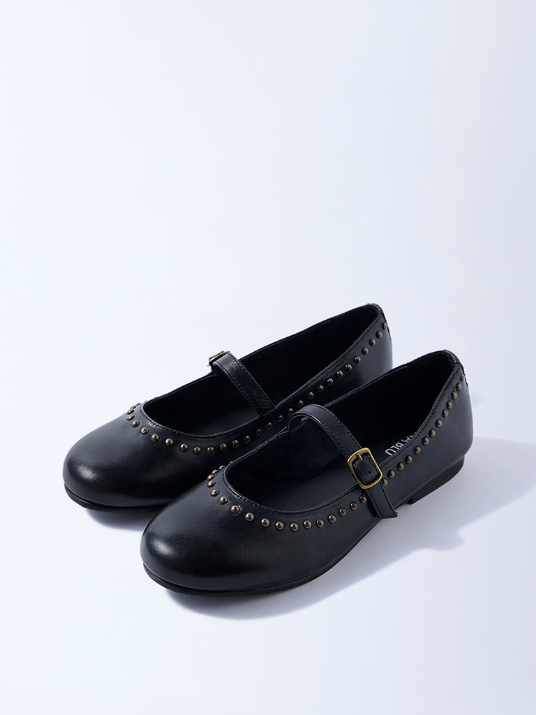 LUNA BLU Black Stud-Detailed Leather Mary Jane Shoes