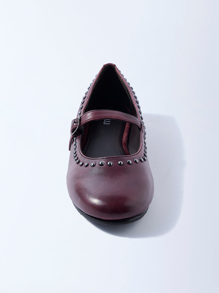 LUNA BLU Burgundy Stud-Detailed Leather Mary Jane Shoes