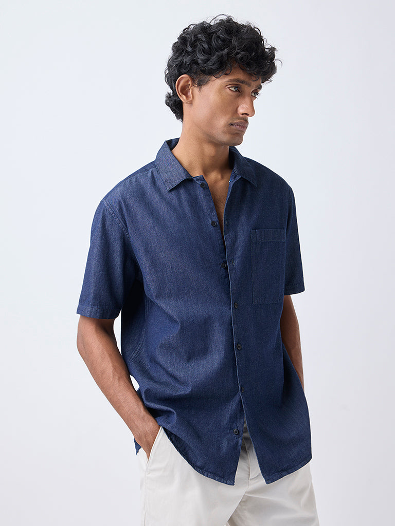 WES Casuals Navy Relaxed-Fit Denim Shirt