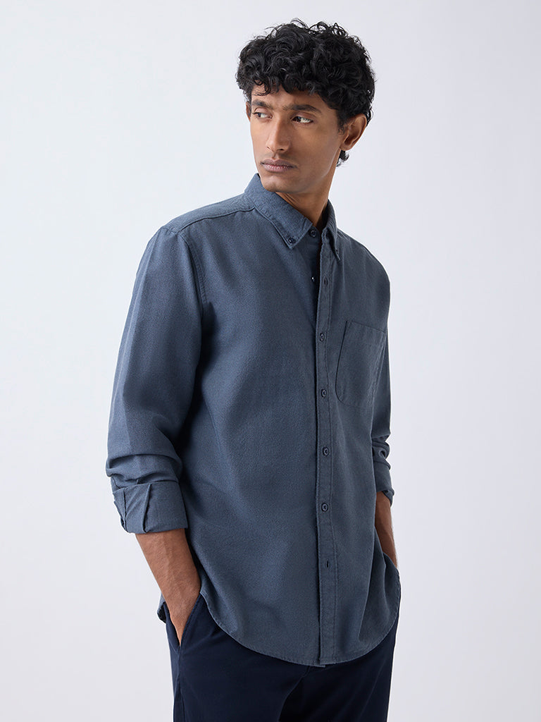 WES Casuals Dark Blue Solid Relaxed-Fit Cotton Shirt