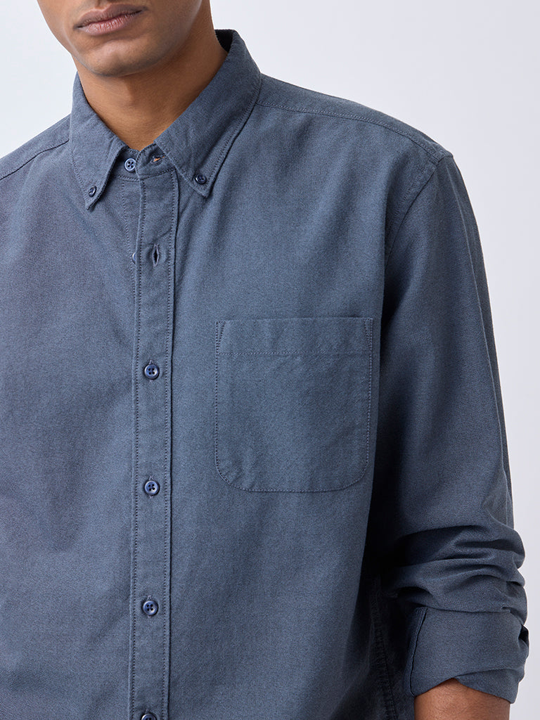WES Casuals Dark Blue Solid Relaxed-Fit Cotton Shirt