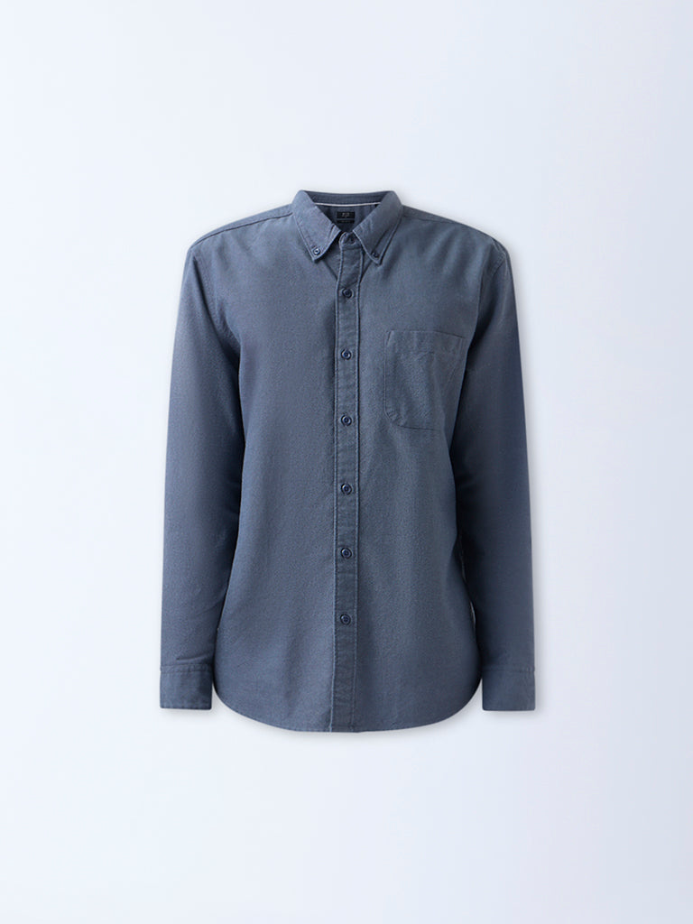 WES Casuals Dark Blue Solid Relaxed-Fit Cotton Shirt