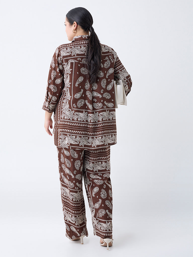 Gia Dark Brown Paisley Design High-Rise Pants