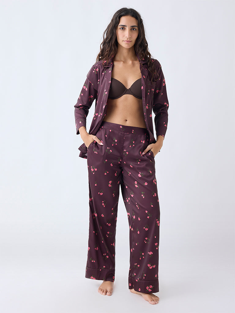 Wunderlove Dark Brown Floral Pattern Satin Shirt and Pyjama Set