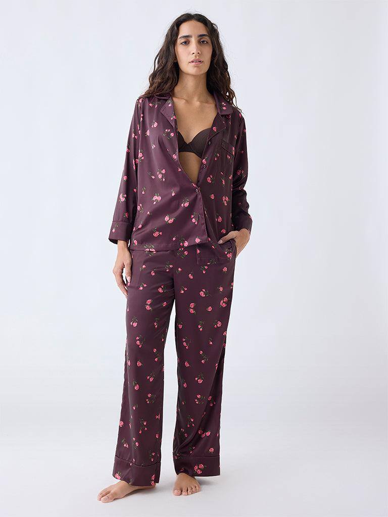 Wunderlove Dark Brown Floral Pattern Satin Shirt and Pyjama Set