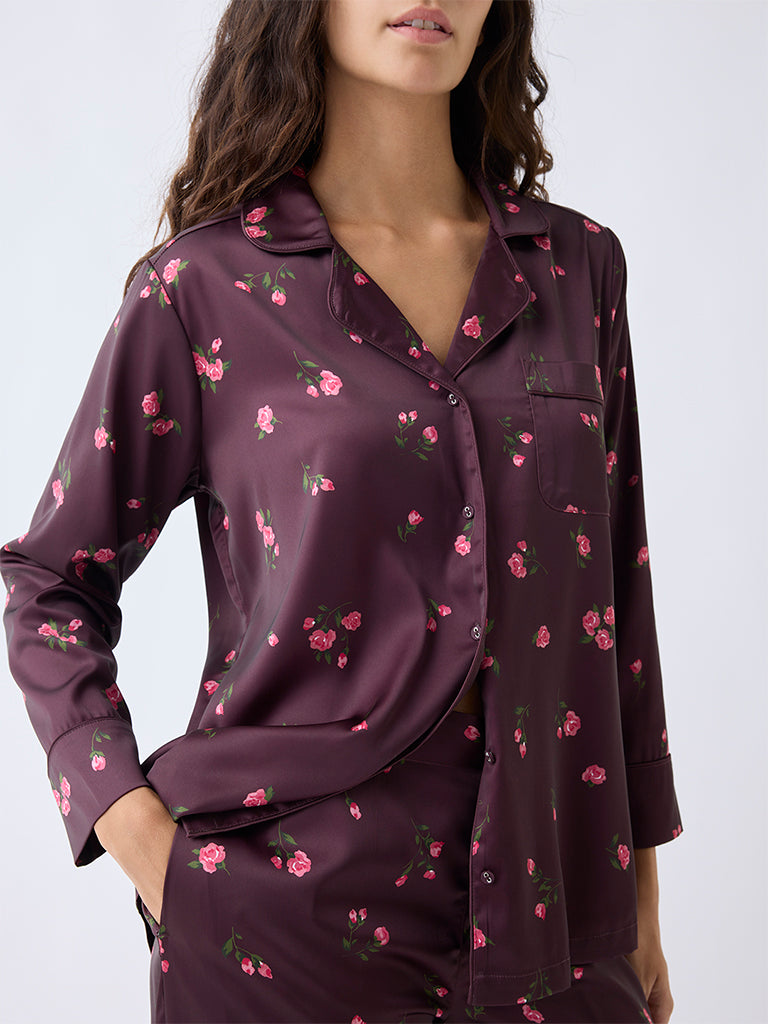 Wunderlove Dark Brown Floral Pattern Satin Shirt and Pyjama Set