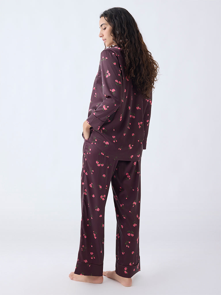 Wunderlove Dark Brown Floral Pattern Satin Shirt and Pyjama Set