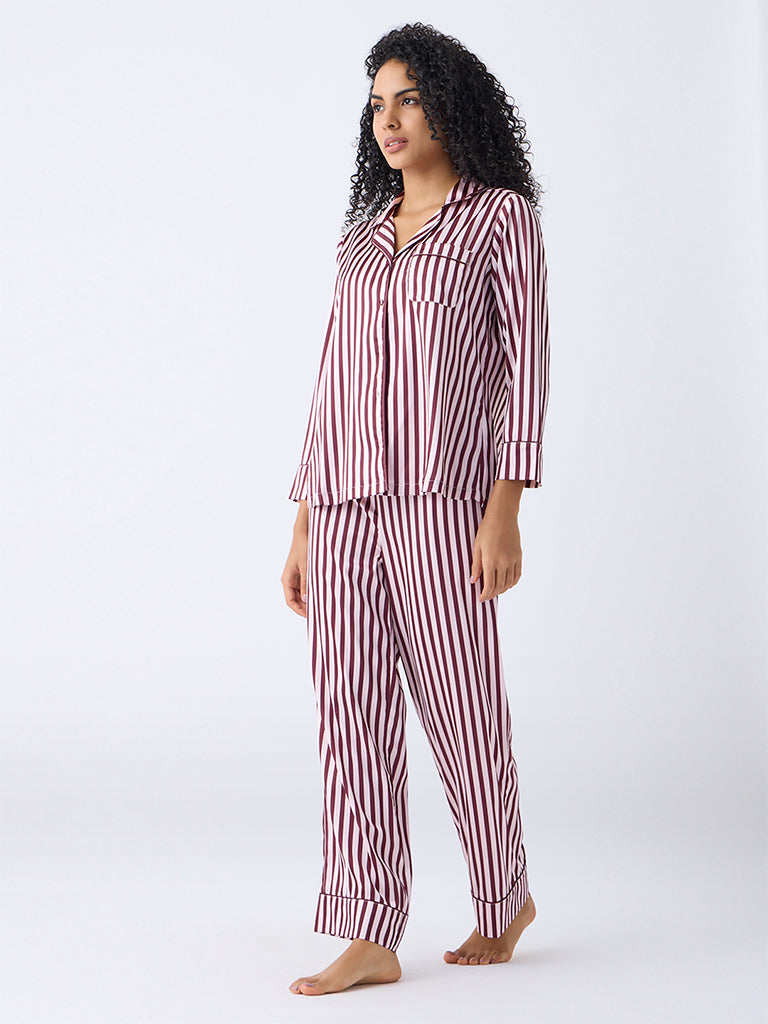 Wunderlove Brown Striped Shirt and Pyjama Set