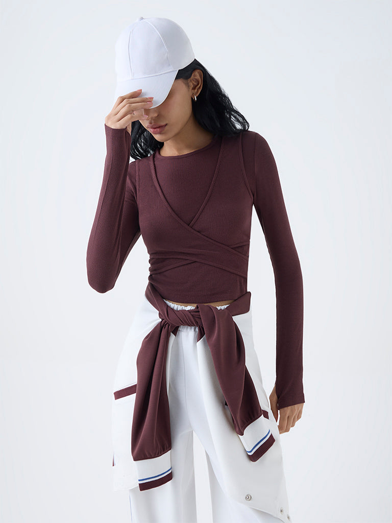 Studiofit Brown Criss-Cross Detailed Ribbed T-Shirt