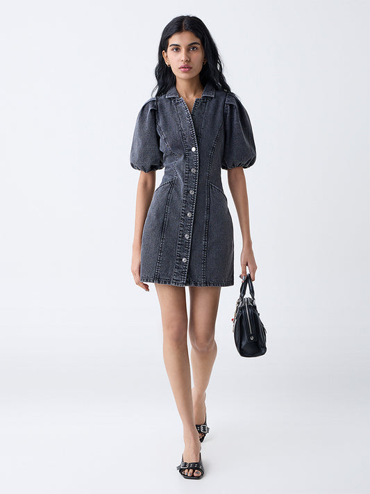 Nuon Grey Faded Denim A-Line Dress