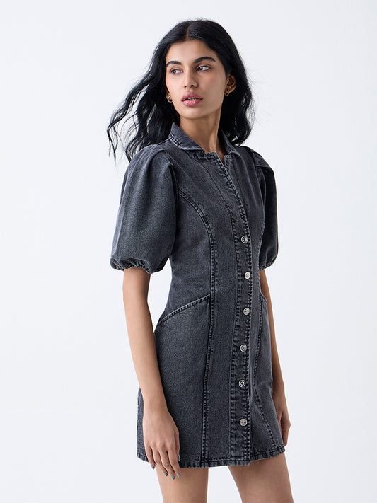 Nuon Grey Faded Denim A-Line Dress