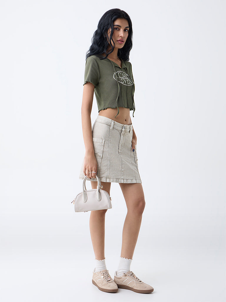 Nuon Olive Text Detailed Cotton-Blend T-Shirt