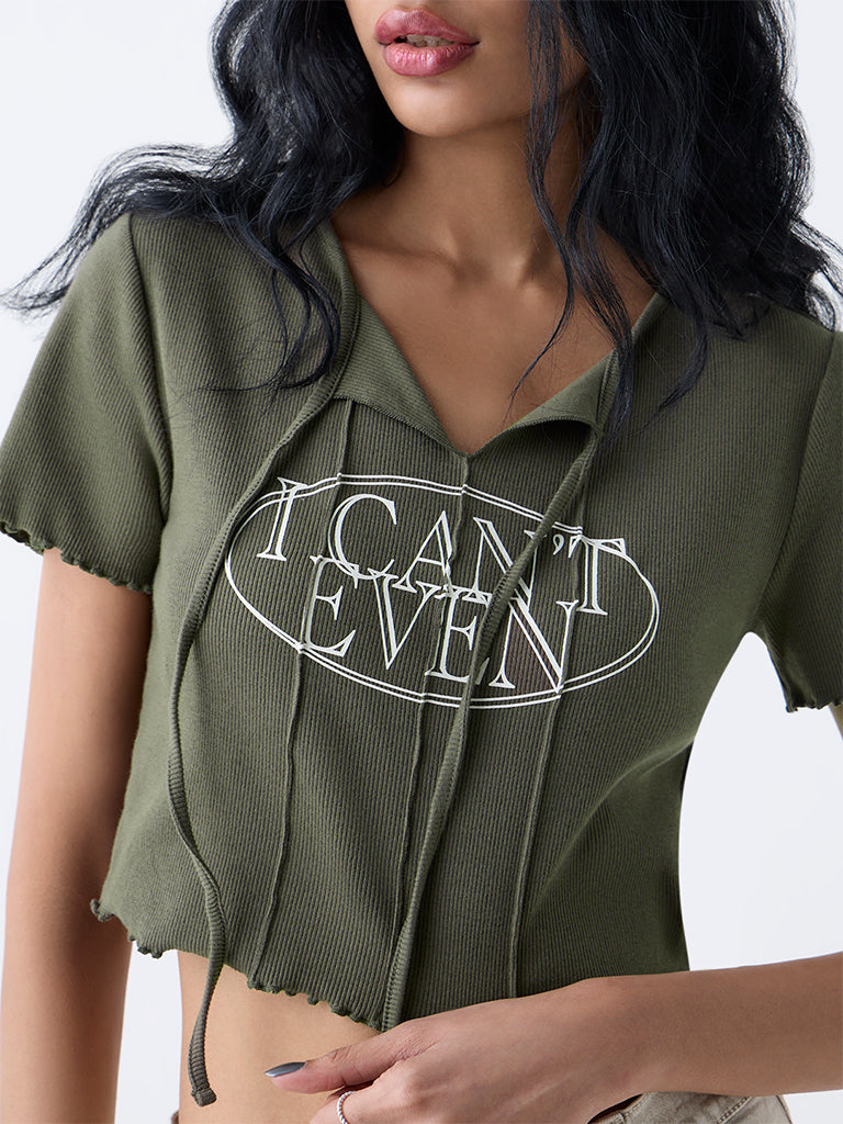 Nuon Olive Text Detailed Cotton-Blend T-Shirt