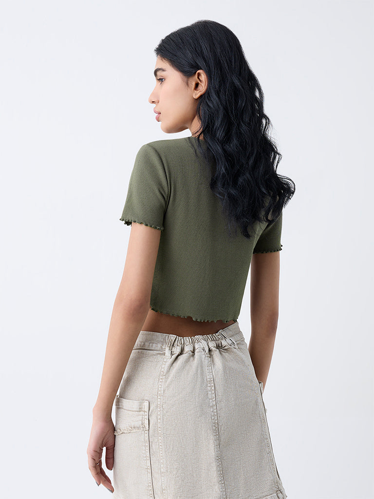 Nuon Olive Text Detailed Cotton-Blend T-Shirt
