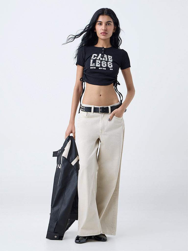 Nuon Black Text Printed Cotton-Blend Top