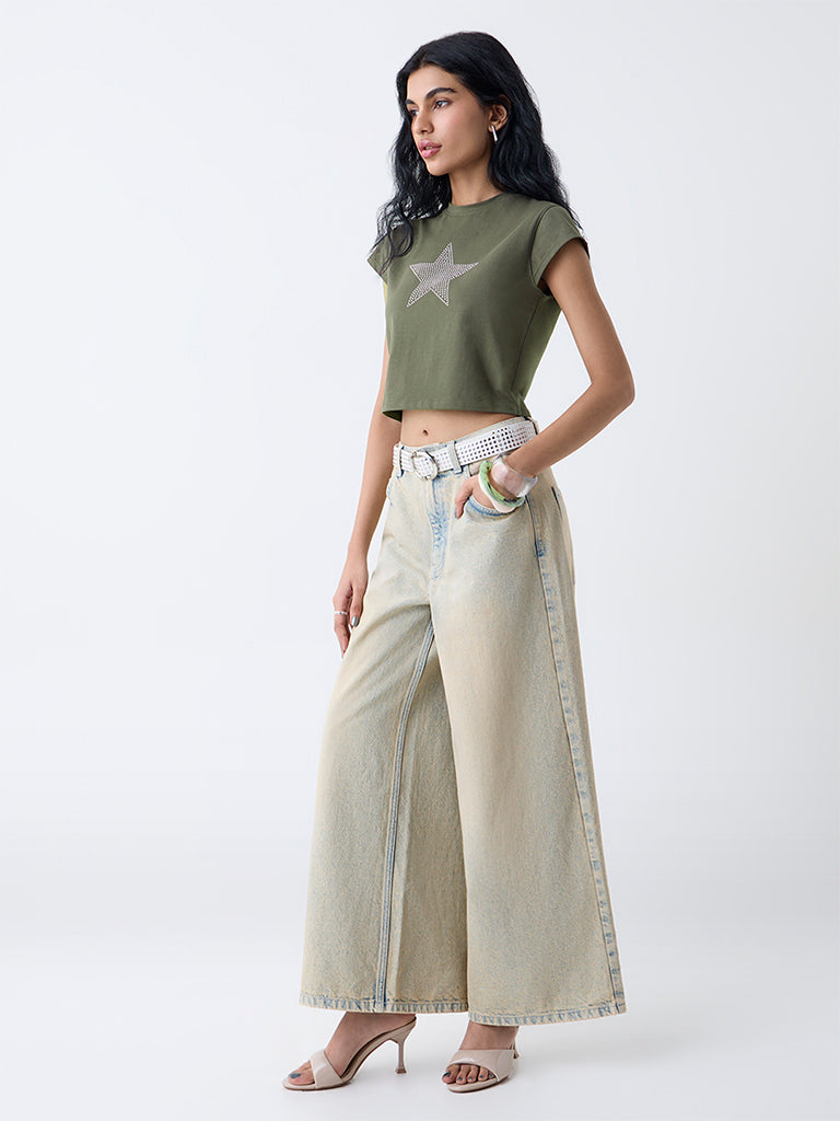 Nuon Olive Stud-Detailed Cotton-Blend T-Shirt