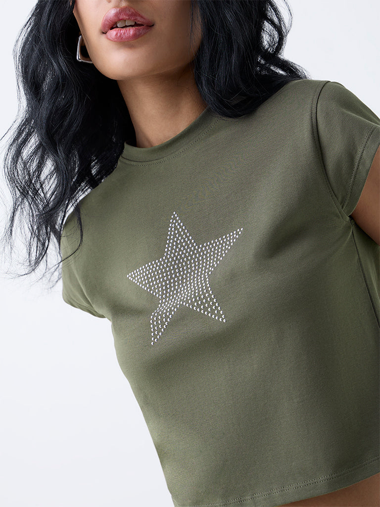 Nuon Olive Stud-Detailed Cotton-Blend T-Shirt