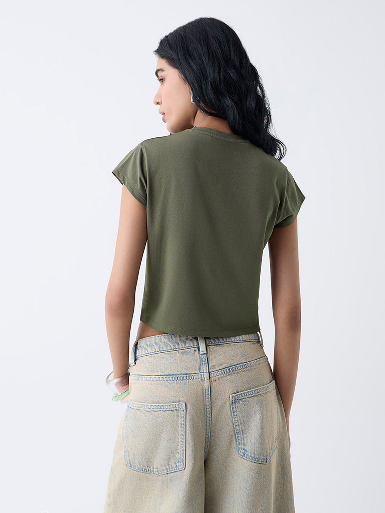 Nuon Olive Stud-Detailed Cotton-Blend T-Shirt