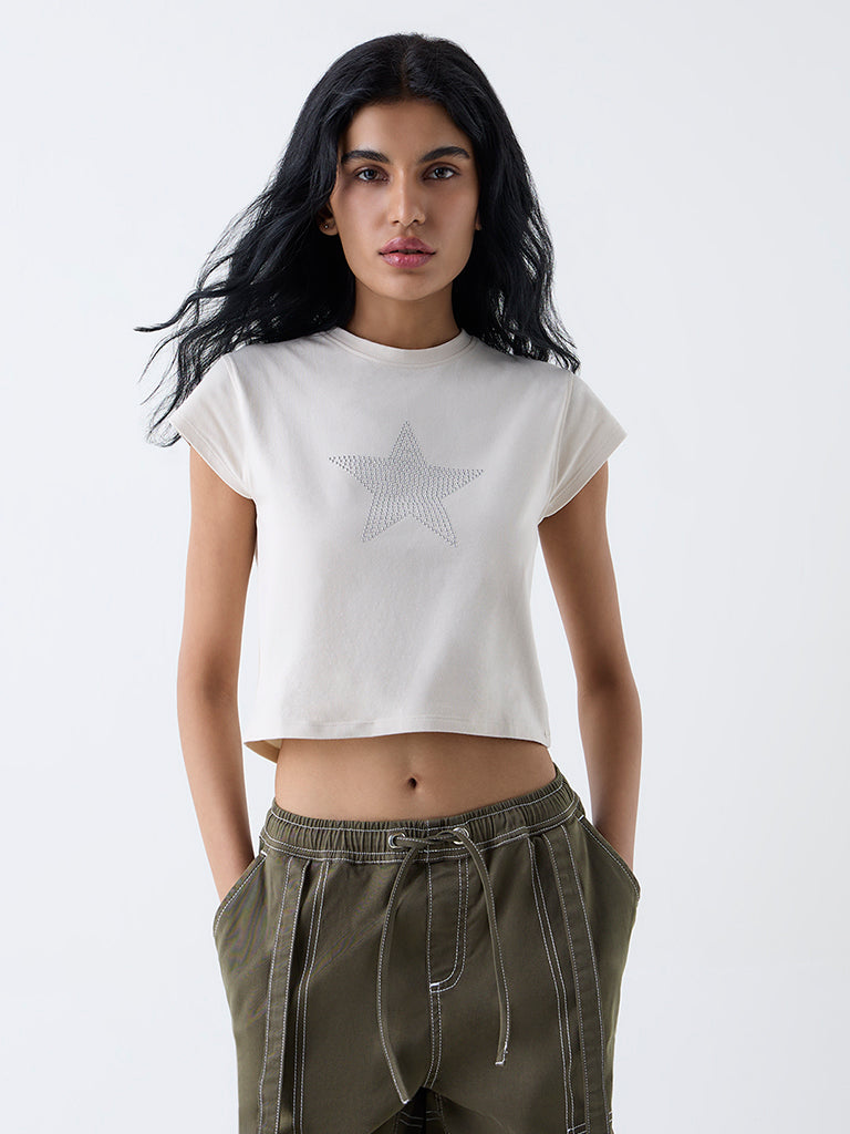 Nuon Cream Stud-Detailed Cotton-Blend T-Shirt
