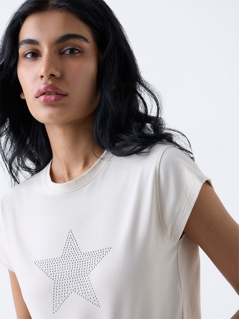 Nuon Cream Stud-Detailed Cotton-Blend T-Shirt