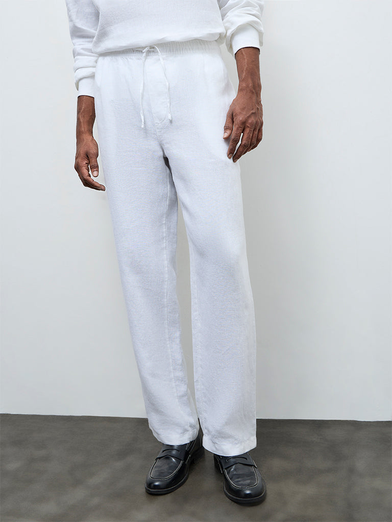 Ascot White Relaxed-Fit Mid-Rise Linen Trousers