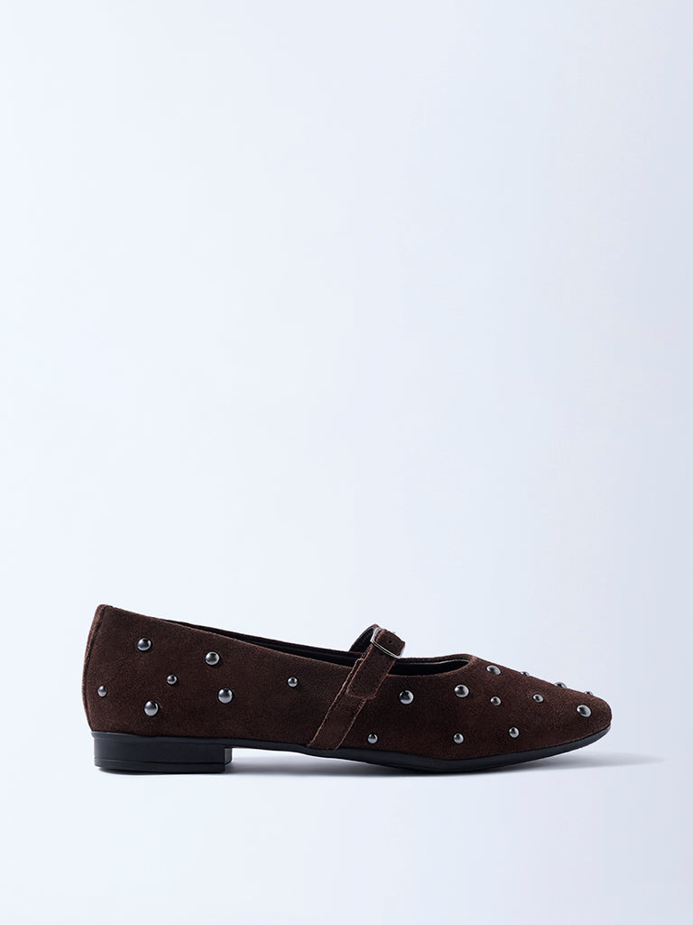 LUNA BLU Brown Stud-Detailed Leather Mary Jane Shoes