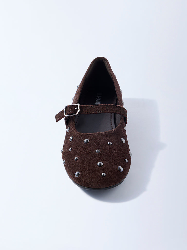 LUNA BLU Brown Stud-Detailed Leather Mary Jane Shoes