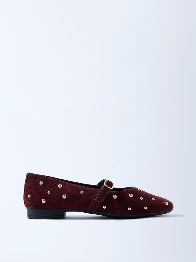 LUNA BLU Burgundy Stud-Detailed Leather Mary Jane Shoes