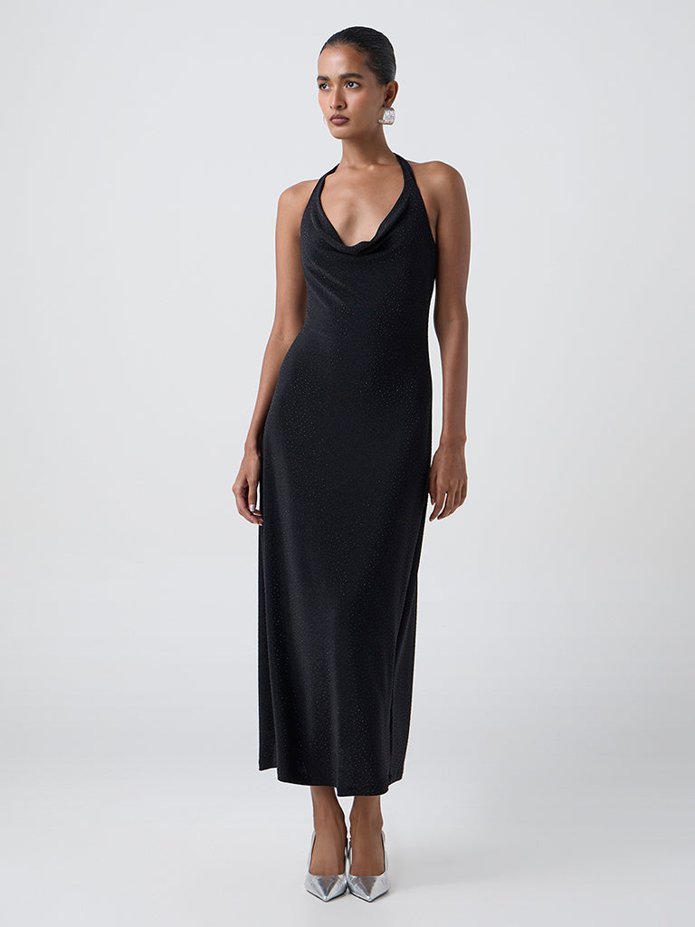 Wardrobe Black Embellished Cowl-Neck A-Line Dress