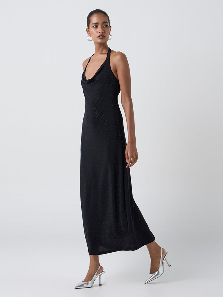 Wardrobe Black Embellished Cowl-Neck A-Line Dress