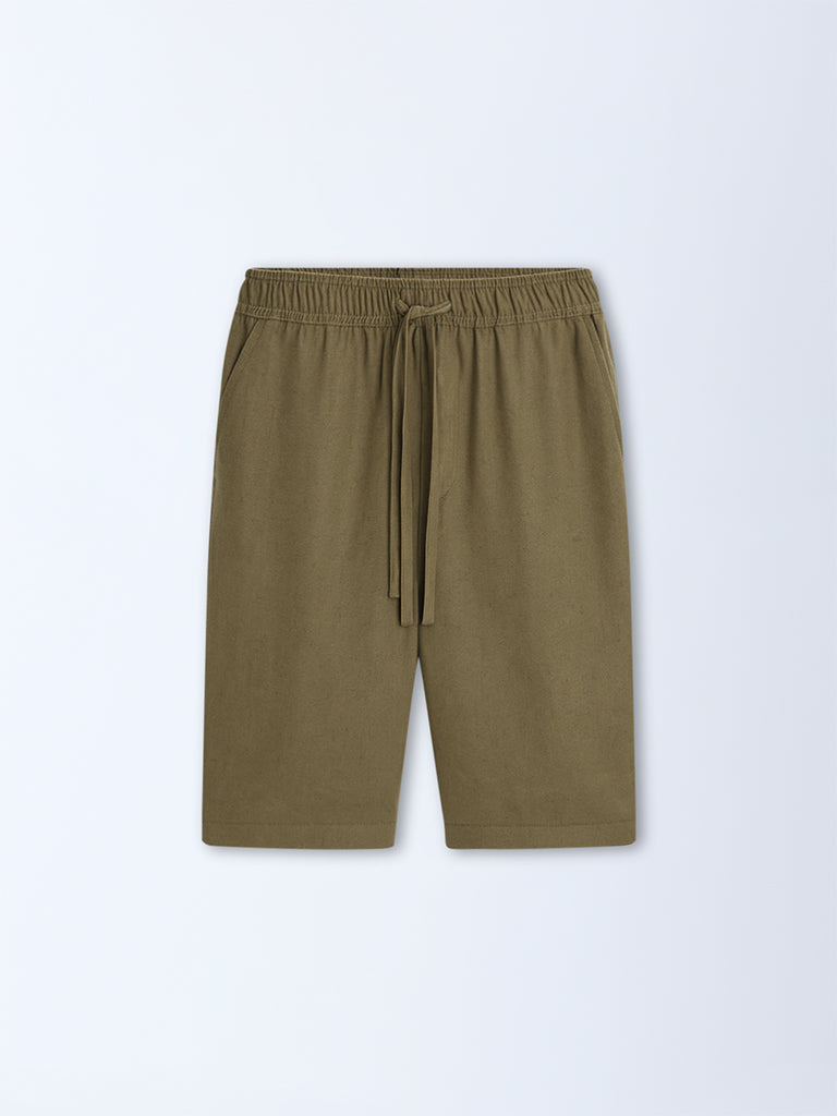 ETA Olive Solid Relaxed-Fit Mid-Rise Cotton-Blend Shorts