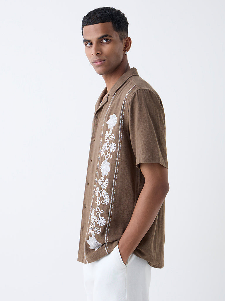 ETA Brown Floral Embroidered Relaxed-Fit Cotton Shirt