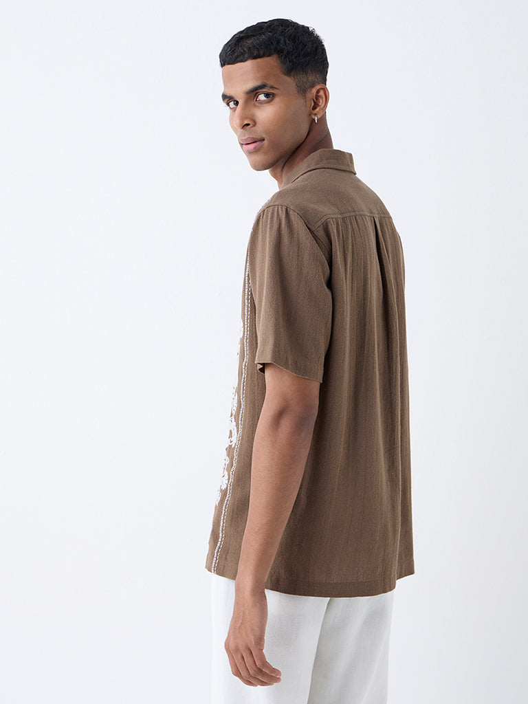 ETA Brown Floral Embroidered Relaxed-Fit Cotton Shirt