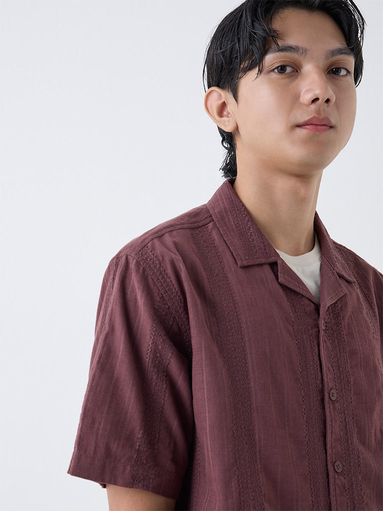 ETA Burgundy Embroidered Relaxed-Fit Cotton Shirt