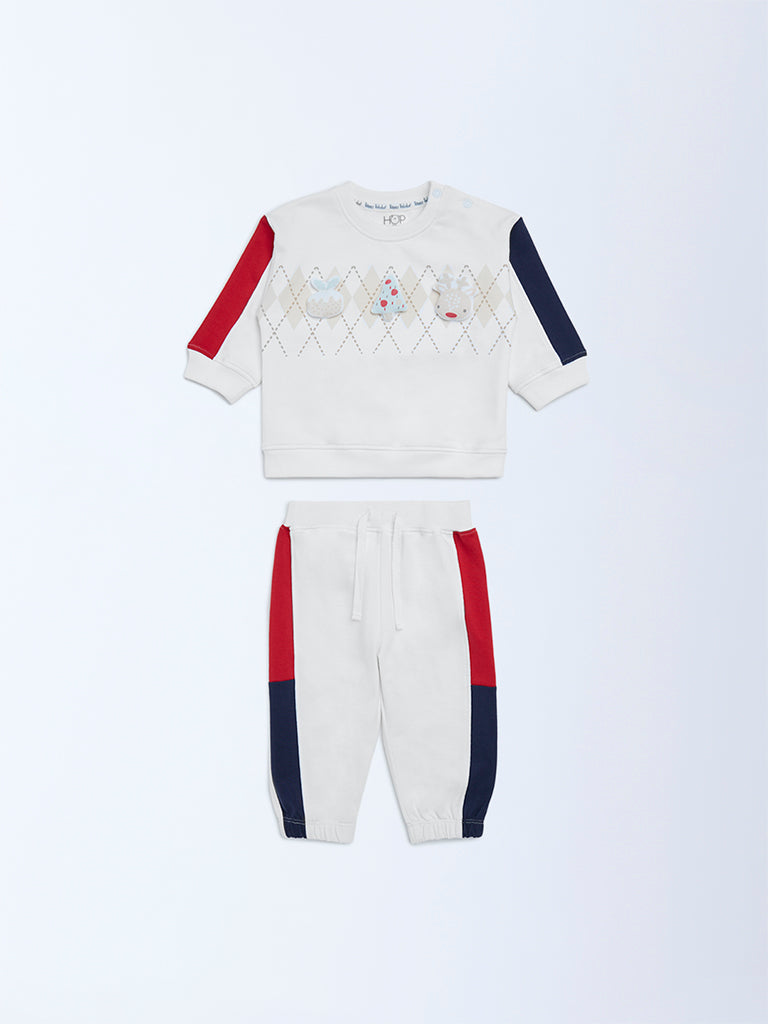 HOP Baby White Colour-Blocked Cotton Sweatshirt and Joggers Set