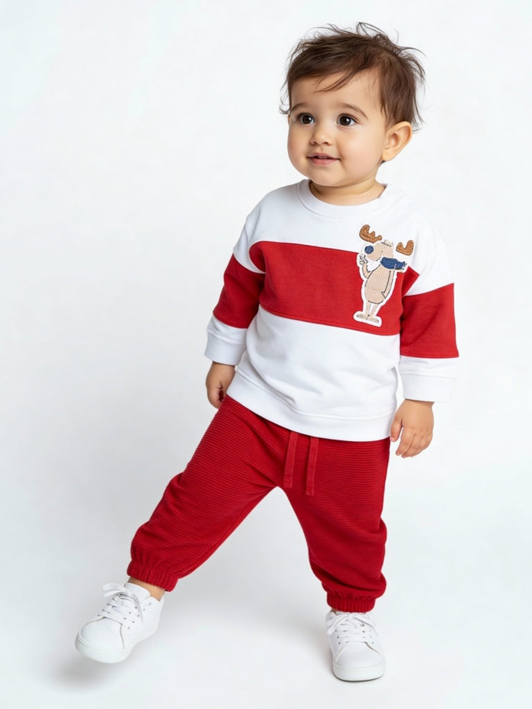 HOP Baby Boys Red Colour-Blocked Cotton Sweatshirt and Joggers Set