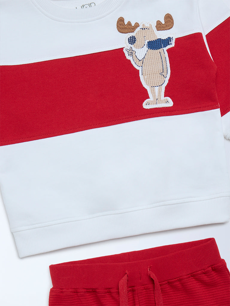 HOP Baby Red Colour-Blocked Cotton Sweatshirt and Joggers Set