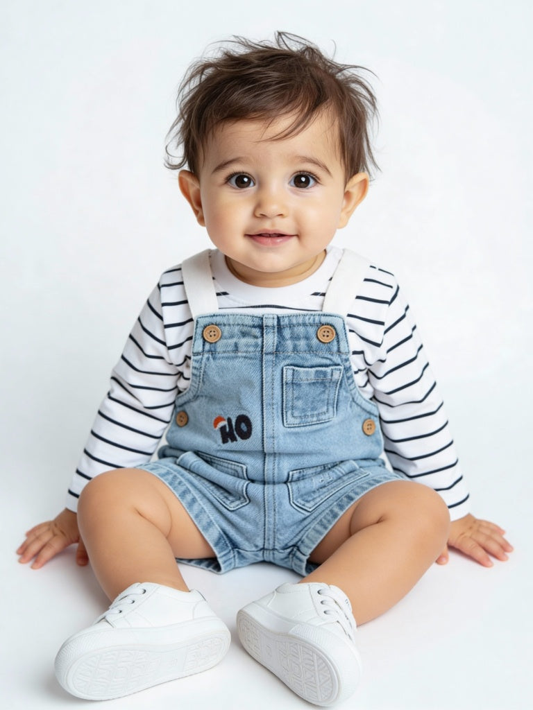 HOP Baby Boys Blue Denim Dungaree with T-Shirt Set