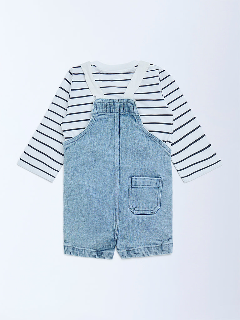 HOP Baby Blue Denim Dungaree with T-Shirt Set