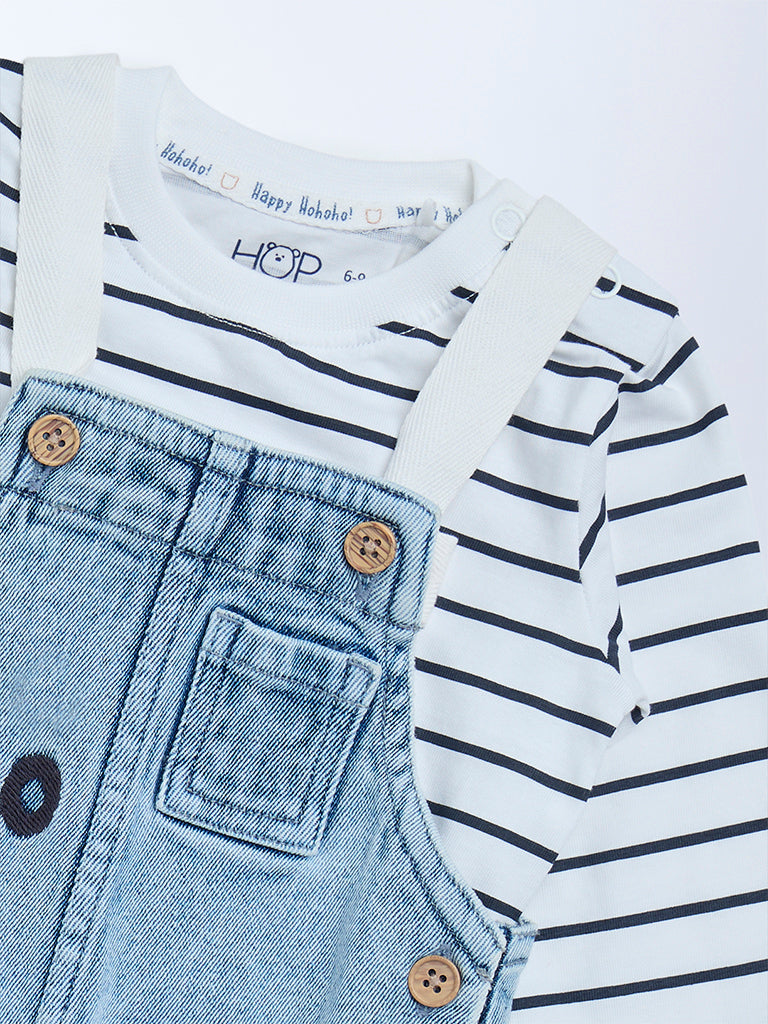 HOP Baby Blue Denim Dungaree with T-Shirt Set