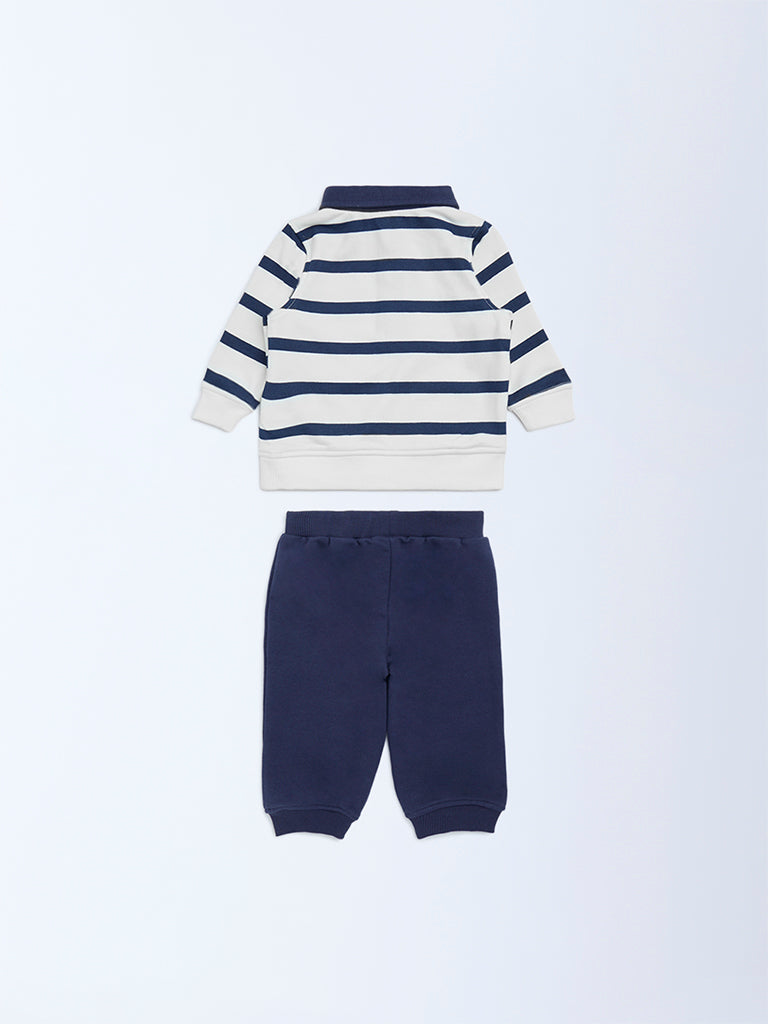 HOP Baby Navy Striped Cotton Sweatshirt with Joggers Set