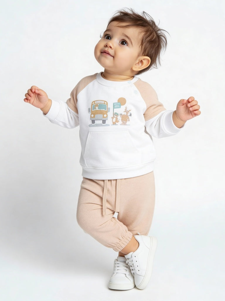 HOP Baby Boys White Printed Cotton Sweatshirt and Pants Set
