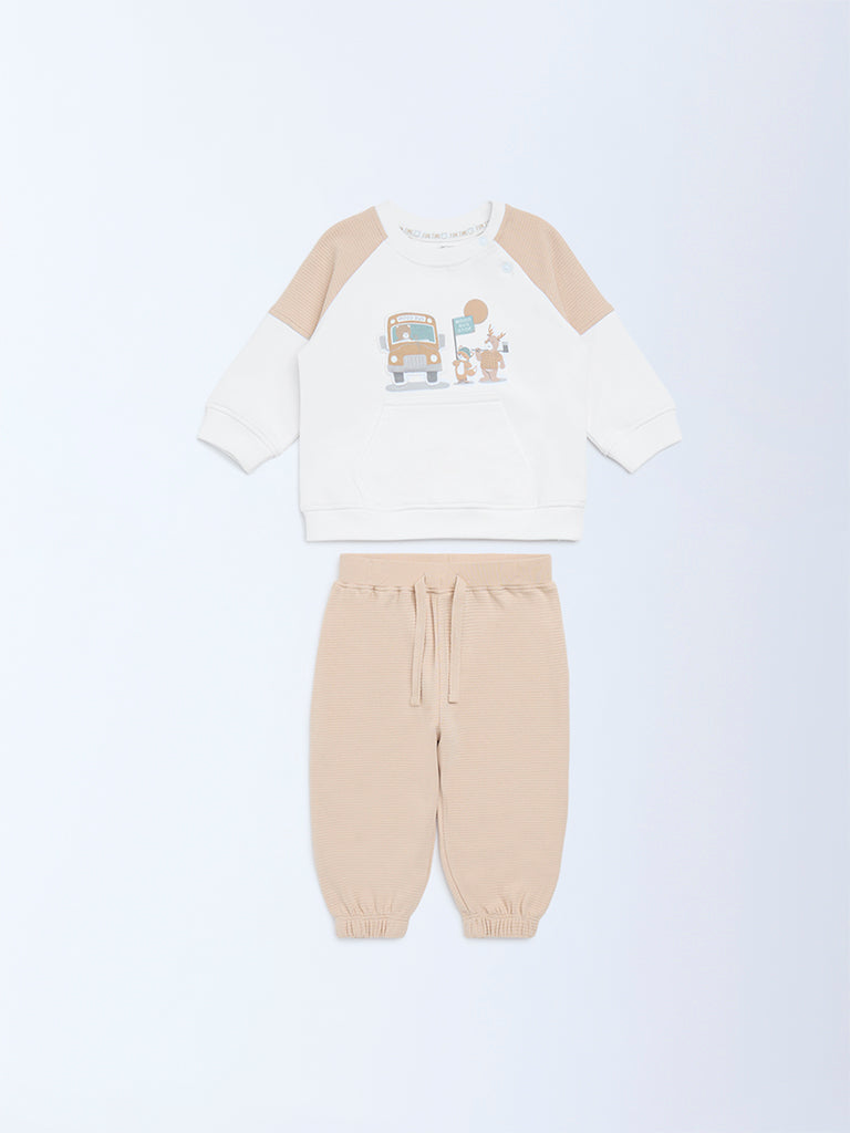 HOP Baby White Printed Cotton Sweatshirt and Pants Set