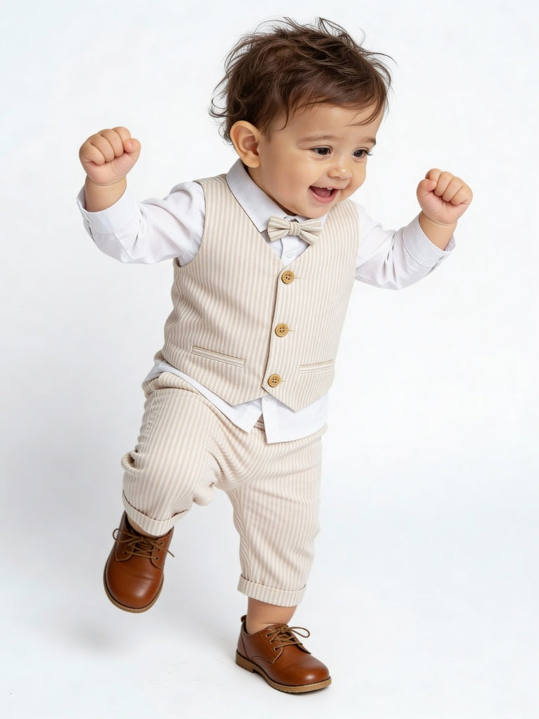 HOP Baby Boys Beige Cotton Waistcoat, Shirt, Trousers and Bow Set