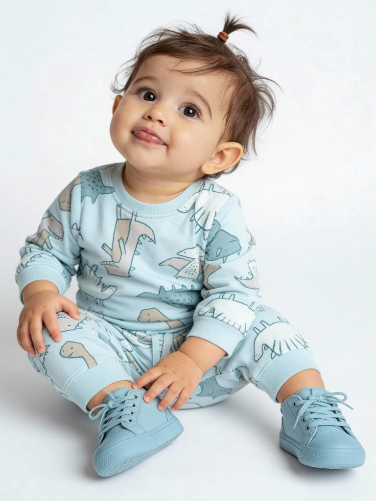 HOP Baby Boys Mint Dinosaur Pattern Sweatshirt and Joggers Set