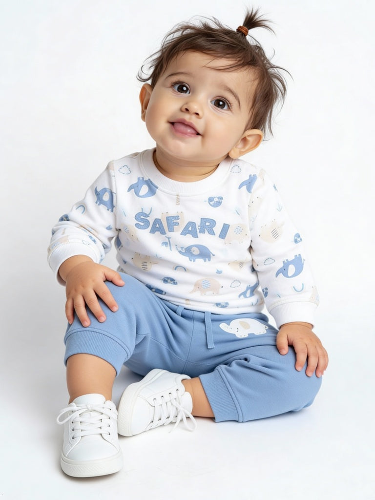 HOP Baby Boys White Animal Printed Cotton Sweatshirt and Pants Set