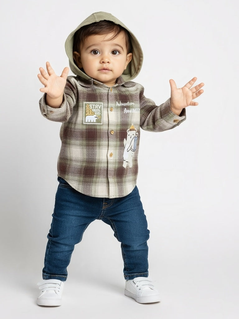 HOP Baby Boys Olive Checkered Cotton Hooded Shirt